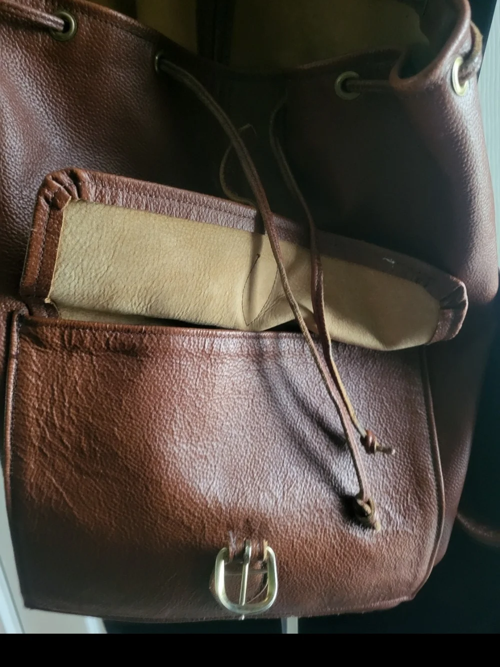 Leather Unisex Drawstring Backpack Brown with Front Buckle Pockets Extra Large